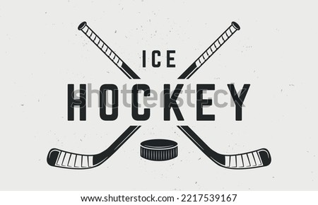 Ice Hockey logo, poster. Vintage hockey emblem with crossed hockey cues. Logo template for team, club, tournament. Vector illustration