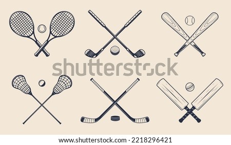 Sport equipments set. Tennis rackets, Golf clubs, Baseball bats, Lacrosse sticks, Hockey cues, Cricket bats. Sport icons for logo, label, poster, emblem template. Vector illustration