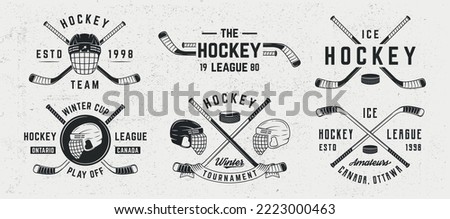 Ice Hockey logo set. 6 ice hockey emblems with helmets, balls, cues and ribbon banner icons. Hipster Design. Emblem, poster templates. Vector illustration