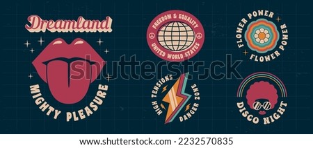 Vector set of logos in Retro Groovy style. Woman lips, Disco, Flower, Thunder emblems. 1970s logo design. Print for t-shirt, banner, poster, cover, badge and label. Retro 70's typography design.