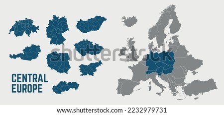 Central Europe map. Switzerland, Germany, Poland, Hungary, Austria maps with regions. Europe map isolated on white background. High detailed. Vector illustration	