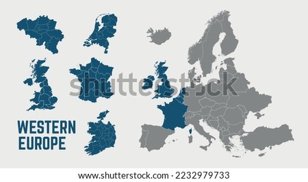 Western Europe map. United Kingdom, France, Poland, Ireland, Denmark, Belgium, Netherlands maps with regions. Europe map isolated on white background. High detailed. Vector illustration	 商業照片 © 