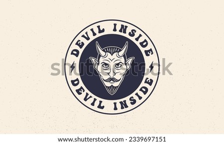 Halloween vintage label, logo. Devil inside emblem with grunge texture. Clown vintage icon. Hipster design. Print for T-shirt. Vector illustration