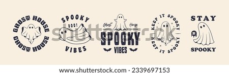 Halloween funny emblems. Ghost spooky emblems. Halloween label, badges designs. Retro prints for T-shirt, typography. Vector illustration