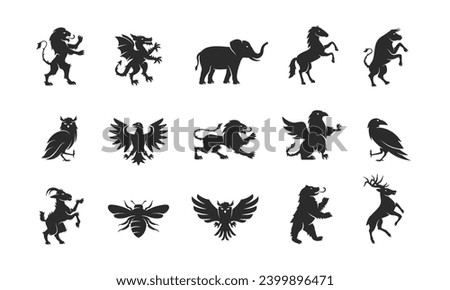 Animals emblems set. Elements for Coat of Arms, logo, emblem design. Heraldic symbols. Dragon, Goat, Phoenix, Lion, Eagle, Raven, Griffin, Horse, Bee, Bear, Bull silhouettes. Vector illustration. 