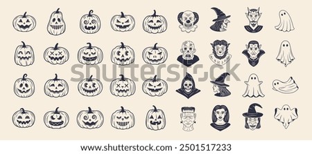 Halloween vintage characters set. Vampire, Monster, zombie, devil, werewolf, clown, pumpkin. Halloween monsters icons. Halloween costumes. Vector illustration