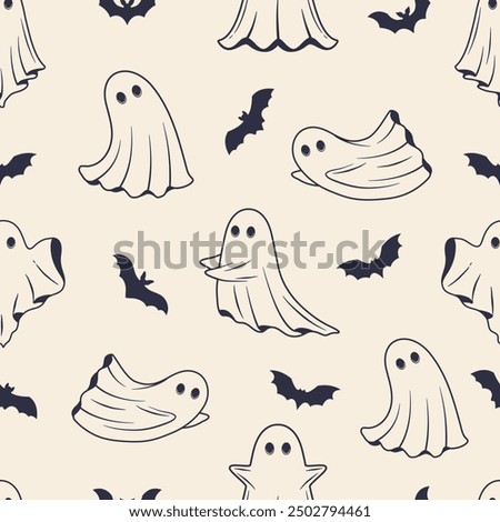 Halloween Background. Halloween seamless pattern. Vintage ghosts with bats silhouettes isolated on white background. Vector illustration