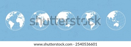 World globe maps set. Europe, Asia, America, Oceania globe maps. Earth globe icons isolated on blue background. Vector illustration.