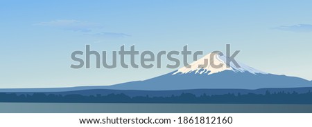 Panoramic day view of mount Fuji. Landscape with a mountain peak in Japan. The hour of the sun's Zenith. Famous landmark Wallpapers. Banner design with a natural landscape. The sky sun, water.