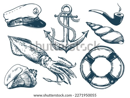 Elements of the life of a sea fisherman. Anchor with a rope, captain's cap, smoking pipe, life buoy, squid, sea clams. Vector illustration in vintage style, engraving effect.
