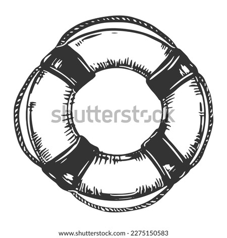 The lifebuoy is tied with a rope. Rescue tool in engraving style. The concept of help and support, survival. Vintage vector illustration. Clipart for packaging design in a marine style.