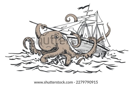 A mythical monster from the dark depths attacks the ship. The octopus wraps its tentacles around the ship and pulls it to the bottom. Vector image of the Kraken.