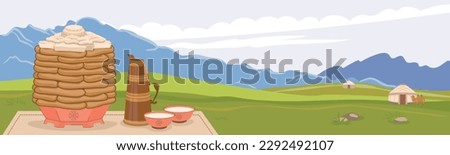 Traditional Mongolian dishes. Pies with cottage cheese and tea with milk, a picnic on the grass, a landscape with a yurt against the backdrop of mountains. Vector.