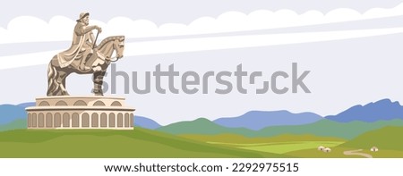 Monument to Genghis Khan in the Mongolian steppe near Ulaanbaatar. Sculpture of a horseman, vector. The founder of the Mongol Empire, the leader of the nomads. Monument on the background of landscape