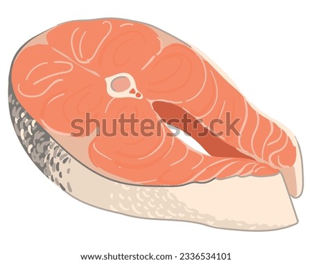 Salmon steak. Vector. Illustration in cartoon style isolated on white background. Cut off a piece of red fish. Seafood containing Omega 3. Trout fillet.