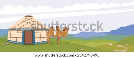 Mongolian landscape. A yurt against the background of mountains, a domestic camel next to the traditional dwelling of nomads. Green pastures, vector illustration for travel poster.