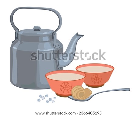 Tea with butter and salt. A traditional drink of the peoples of the Himalayan regions of Nepal, Bhutan, India and Mongolia. Vector, flat style. Stainless steel teapot, bowl, spoon, salt, oil.