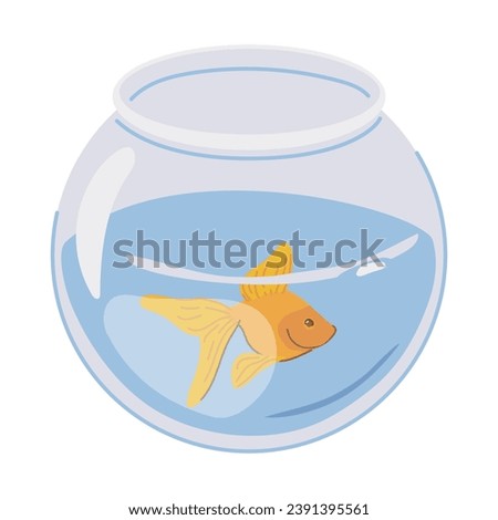 A goldfish swims alone in a round aquarium. Vector bright orange fish in flat style. A pet in fishbowl on a white background.