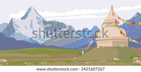 View of the Himalayas, Buddhist stupa decorated with flags. Mountain horizontal landscape of Nepal. Vector illustration, flat style. Religious place of worship and prayer.