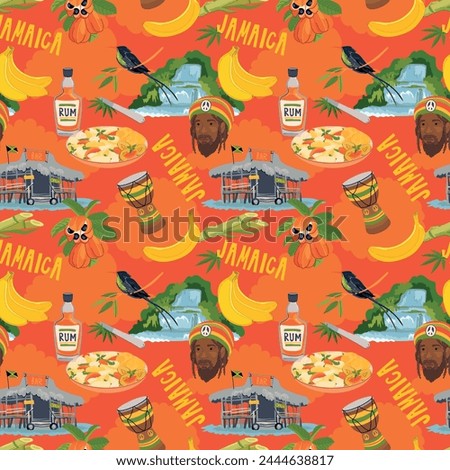 Seamless pattern in Rasta colors. Jamaican vector pattern. Rum, ackee fruit, hummingbird, waterfall, beach bar, rastafarian, giant drum in flat style on orange background.