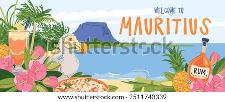 View from the beach to the panorama of Mauritius island and Le Morne Brabant mountain. Dodo bird, flowers trochetia boutoniana, pineapple, rum, cocktail. Vector landmarks in flat style. Paradise.