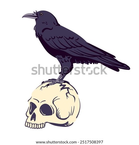 Black raven standing on a human skull. Vector illustration for Halloween. Witch's familiar, magical totem animal, guide to the afterlife. Symbol of death, witchcraft, mysticism and alchemy.