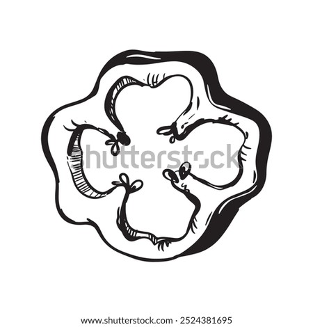 Vector illustration of a piece of ripe paprika. Black ink drawing of a slice of sweet pepper. Engraving style sketch on a white background. Culinary Indian spice.