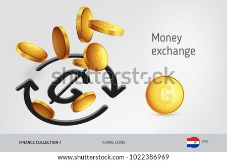 Money exchange icon with flying Paraguayan Guarani coins, finance concept. Vector illustration for print, websites, web design, mobile app, infographics.