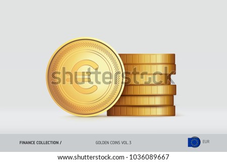 Gold coins. Realistic Euro coin standing near of stacked coins. Finance concept for websites, web design, mobile app, infographics.