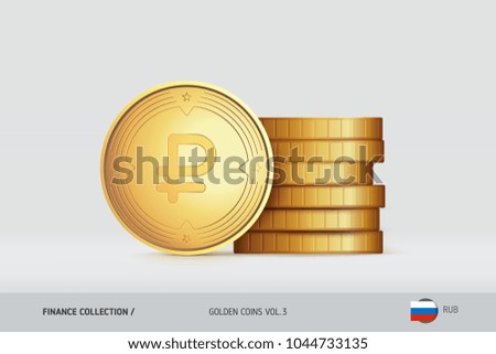 Gold coins. Realistic Russian Ruble coin standing near of stacked coins. Finance concept for websites, web design, mobile app, infographics.