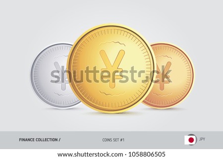 Golden, Silver and Bronze coins. Realistic metallic Japanese Yen coins set. Isolated objects on background. Finance concept for websites, web design, mobile app, infographics.