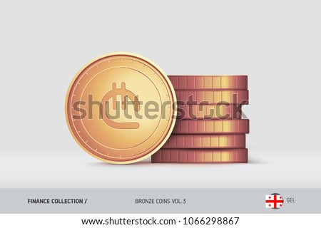 Bronze coins. Realistic Georgian Lari coin standing near of stacked coins. Finance concept for websites, web design, mobile app, infographics.