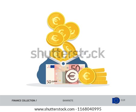 Blue opened purse with 50 Euro Banknote and coins. Flat style vector illustration. Business concept.