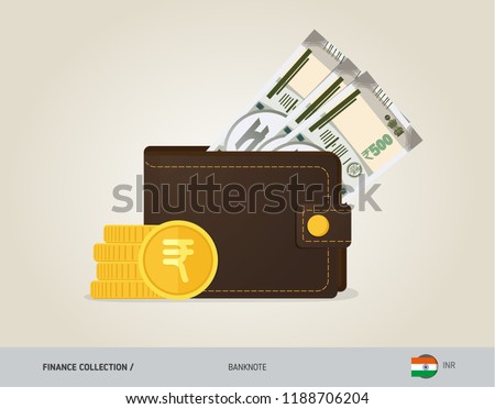 Brown leather wallet with 500 Indian Rupee Banknote and coins. Flat style vector illustration. Business concept.