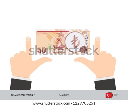 50 Turkish Lira Banknote. Business hands measuring banknote. Flat style vector illustration. Business finance concept.