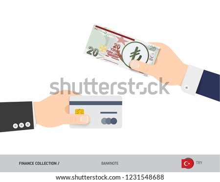 Hand giving Turkish Lira 20 Turkish Lira and credit card instead. Flat style vector illustration. Business finance concept.