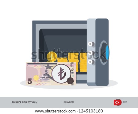 Office safe with 5 Turkish Lira Banknote. Flat style vector illustration. Safe money concept.