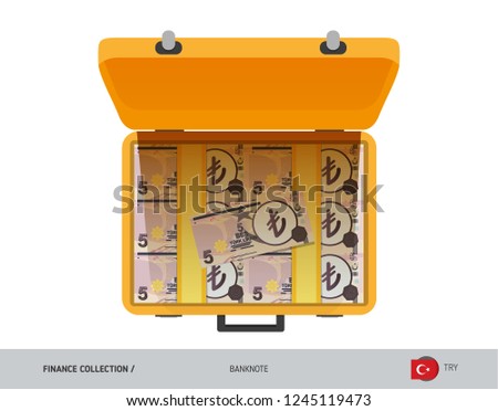 Yellow case with 5 Turkish Lira Banknotes. Flat style vector illustration. Salary payout or corruption concept.