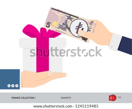 Buying a gift for 5 Turkish Lira. Flat style vector illustration. Shopping and finance concept.