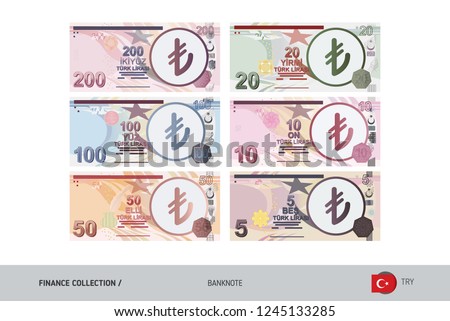Turkish Lira Banknotes set. Flat style highly detailed vector illustration. Isolated on white background. Suitable for print materials, web design, mobile app and infographics. 