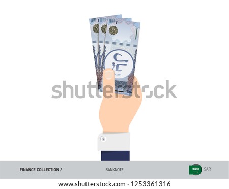 500 Saudi Arabia Riyal Banknote. Hand gives money. Flat style vector illustration. Salary payout or corruption concept.