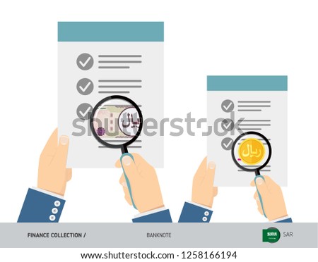 Search 100 Saudi Arabia Riyal Banknote and coin. Flat style vector illustration. Favorable conditions concept.