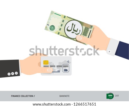 Hand giving Saudi Arabia Riyal 50 Saudi Arabia Riyal and credit card instead. Flat style vector illustration. Business finance concept.