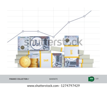 Growth graph with bundles of 500 Saudi Arabia Riyal Banknotes and coins. Flat style vector illustration. Financial and economy concept.