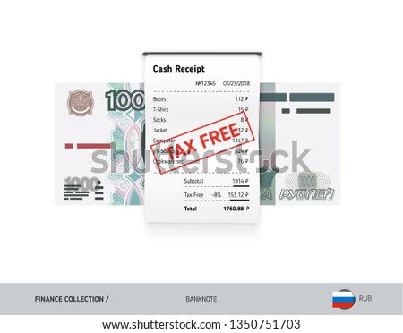 Receipt with 1000 Russian Ruble banknote. Flat style sales printed shopping paper bill with red tax free stamp. Shopping and sales concept.