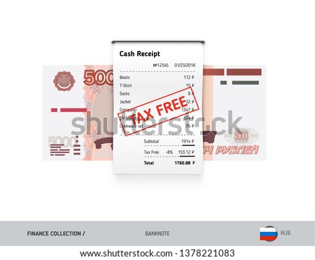 Receipt with 5000 Russian Ruble banknote. Flat style sales printed shopping paper bill with red tax free stamp. Shopping and sales concept.