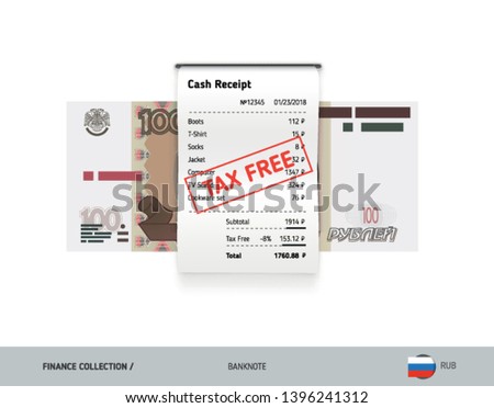Receipt with 100 Russian Ruble banknote. Flat style sales printed shopping paper bill with red tax free stamp. Shopping and sales concept.