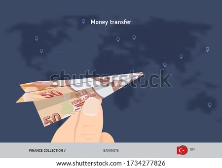 Money transfer around the world. 50 Turkish Lira paper plane. Flat style vector illustration.