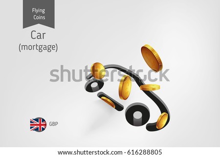 Car icon with flying pound sterling coins, finance concept.