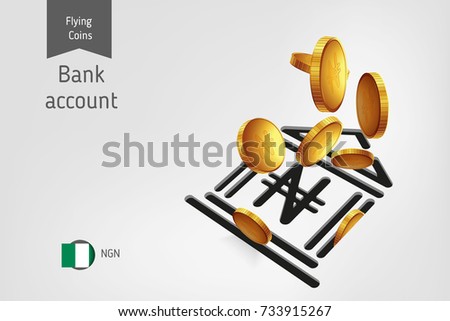 Bank icon with flying Nigerian Naira coins, finance concept. Vector illustration for print, websites, web design, mobile app, infographics.